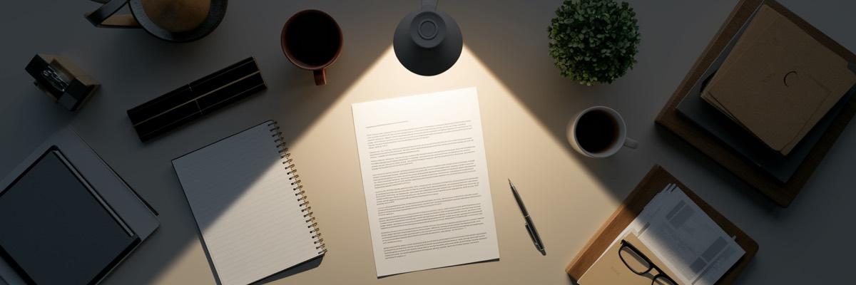 Organized desk with focused light on one document.