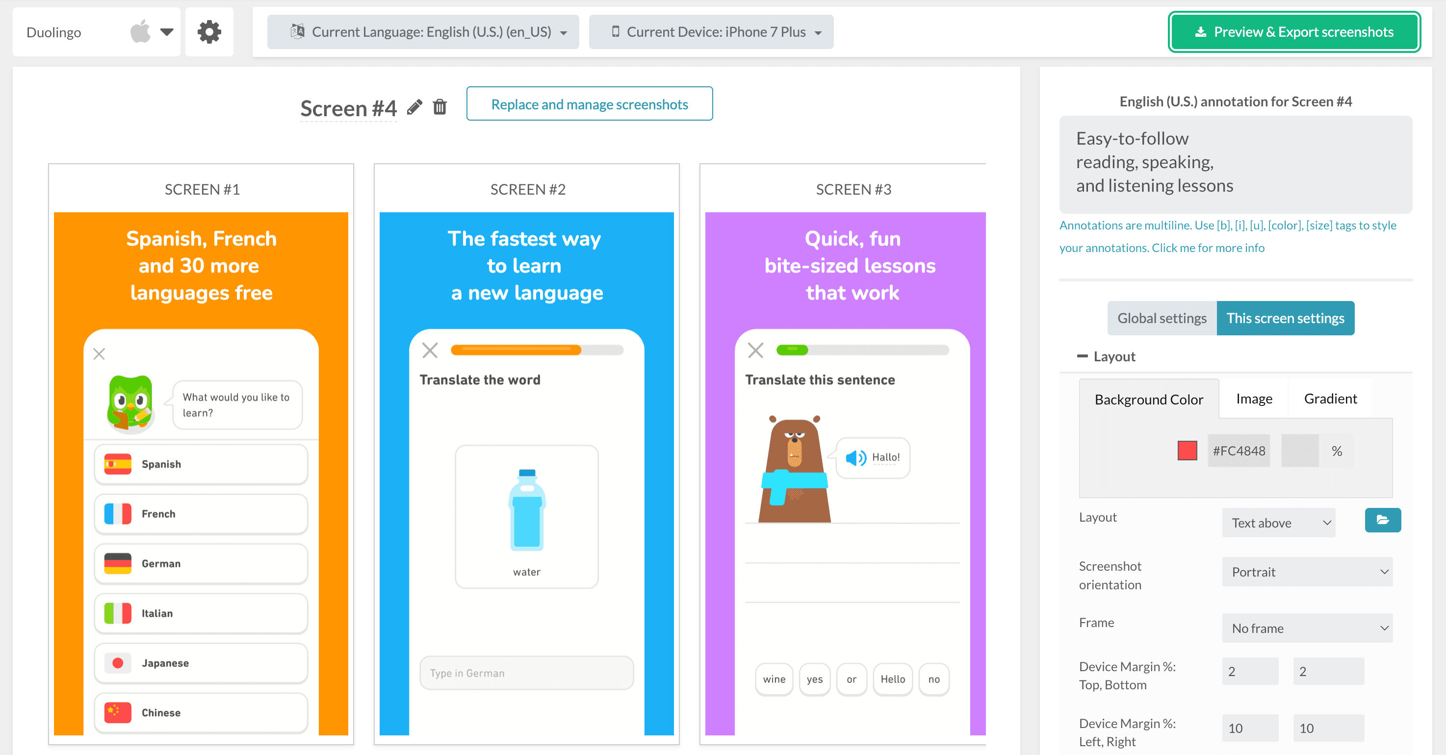 The Appure editor: localized screenshot annotations, device and language selection, and layout settings