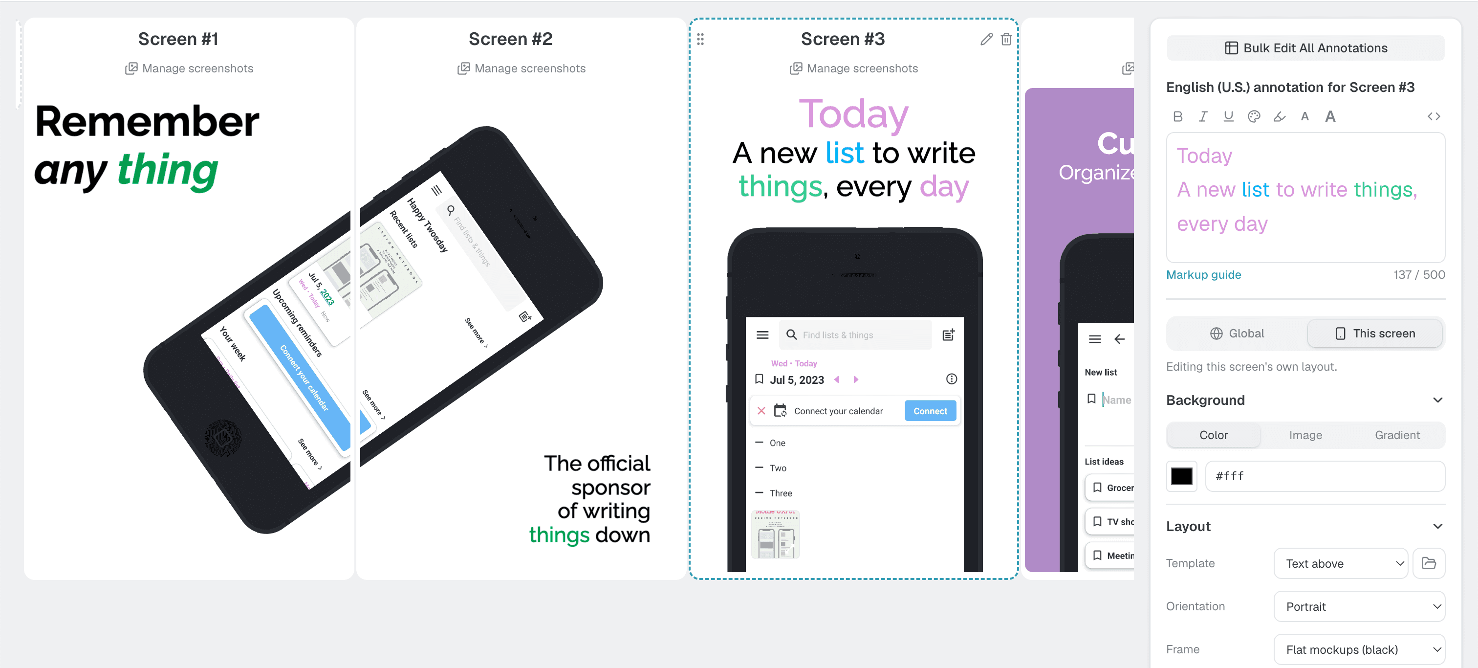 The Appure editor: localized screenshot annotations, device and language selection, and layout settings